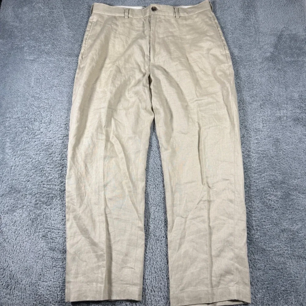 Brooks Brothers Dress Pants Mens 36x30 Beige 100% Linen Flat Front 346 Trousers